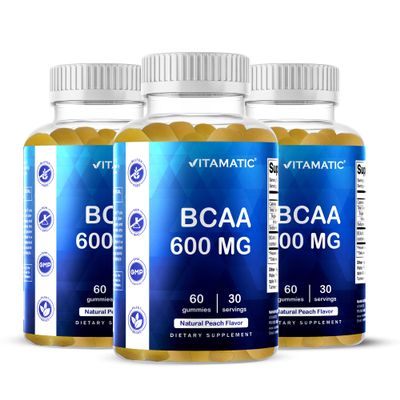 Vitamatic BCAA Gummies - Branch Chain Amino Acid Supplements - Peach Flavor - 600mg per Serving - 60 Vegan Pectin Based Gummies (3 Bottles)