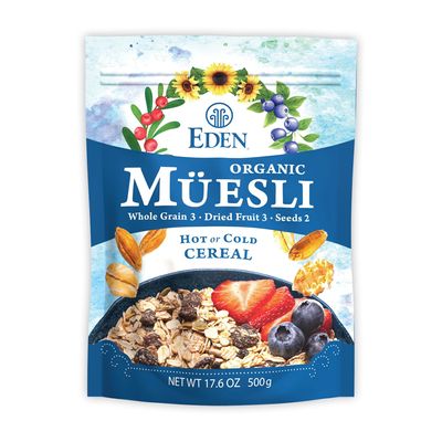 Eden Organic Muesli Cereal, Oat, Rye, Wheat, and Spelt Flakes, Raisins, Cranberries, Wild Blueberries, Pumpkin and Sunflower Seeds, Overnight Oats, No Added Sugars, 6-pack