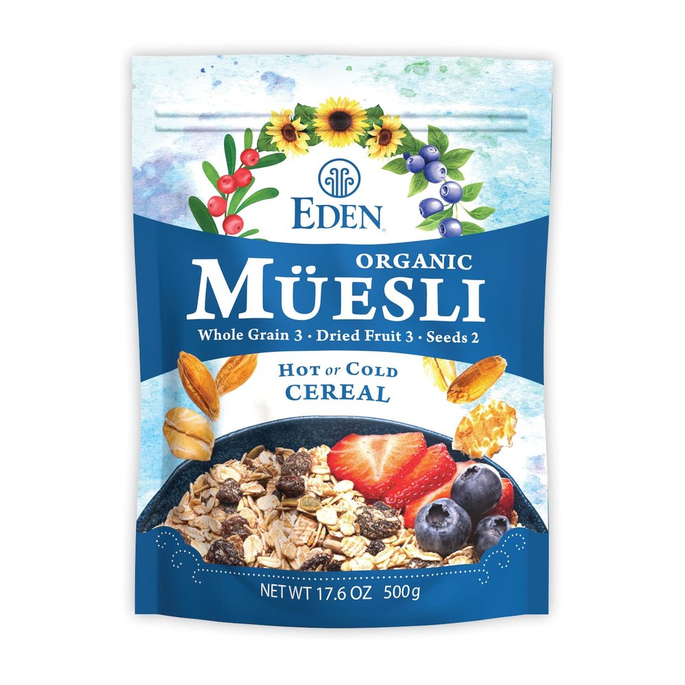 Eden Organic Muesli Cereal, Oat, Rye, Wheat, and Spelt Flakes, Raisins, Cranberries, Wild Blueberries, Pumpkin and Sunflower Seeds, Overnight Oats, No Added Sugars, 6-pack