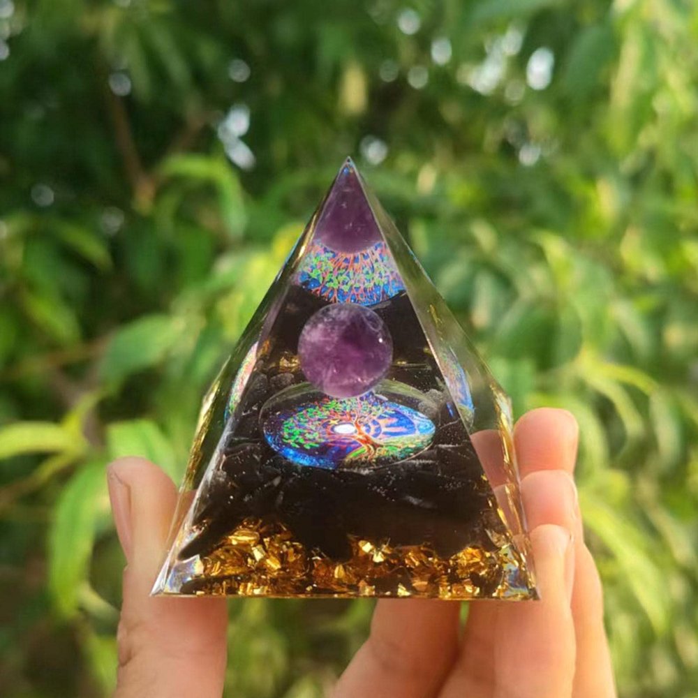 XLDECOR Crystal Ball Pyramid Stone with Tree of Life Symbol, Positive Energy Chakra Healing Stone Reiki Pyramid Decoration for Meditation, Spiritual Healing, Office Feng Shui,Q47-1.96in
