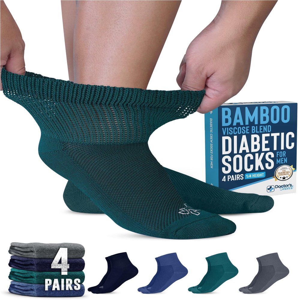 Doctor's Select Diabetic Socks for Men - 4 Pairs Diabetic Ankle Socks for Men | Navy, Green, Blue, Gray | Non Binding Mens Diabetic Socks for Moisture Management