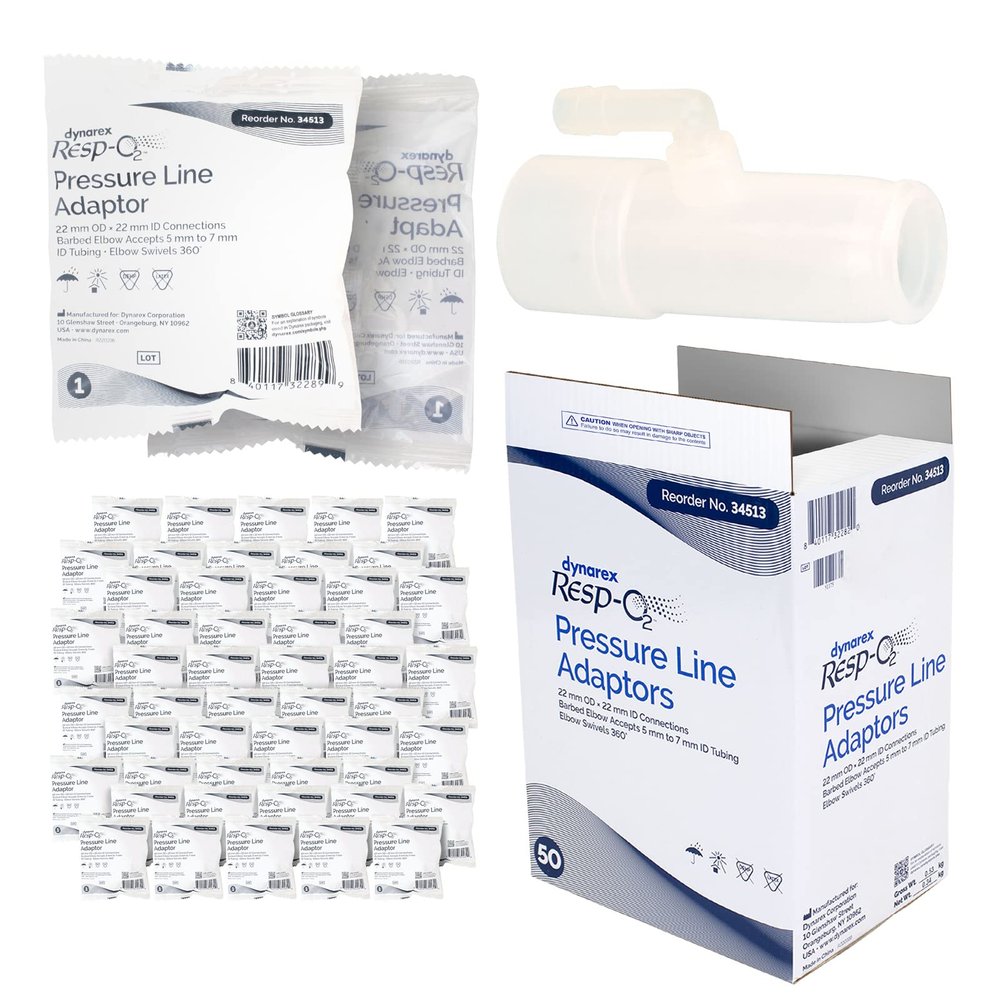 Dynarex 34513 Series Resp-O2 Pressure Line Adaptor, Durable, Translucent, No Natural Rubber Latex or DEHP, Pack of 50