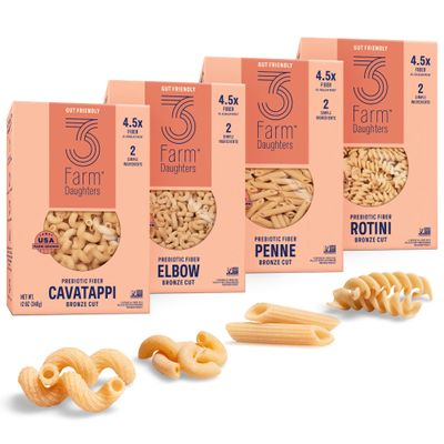 3 Farm Daughters High Fiber Pasta Variety Pack, Includes Penne, Elbow, Rotini & Cavatappi, Low GI, Non GMO, Low Net Carb, Made in the USA, 12 oz. (4 Pack)