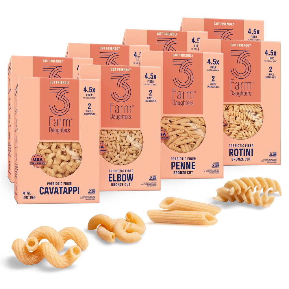 3 Farm Daughters High Fiber Pasta Variety Pack, Includes Penne, Elbow, Rotini & Cavatappi, Low GI, Non GMO, Low Net Carb, Made in the USA, 12 oz. (8 Pack)