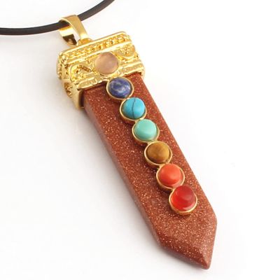 Natural Healing Crystal Quartz 7 Chakra Aura Pointed Sword Shaped Amethyst Tiger's Eye Pendant Jewellery Women Men,Gold Sand Stone