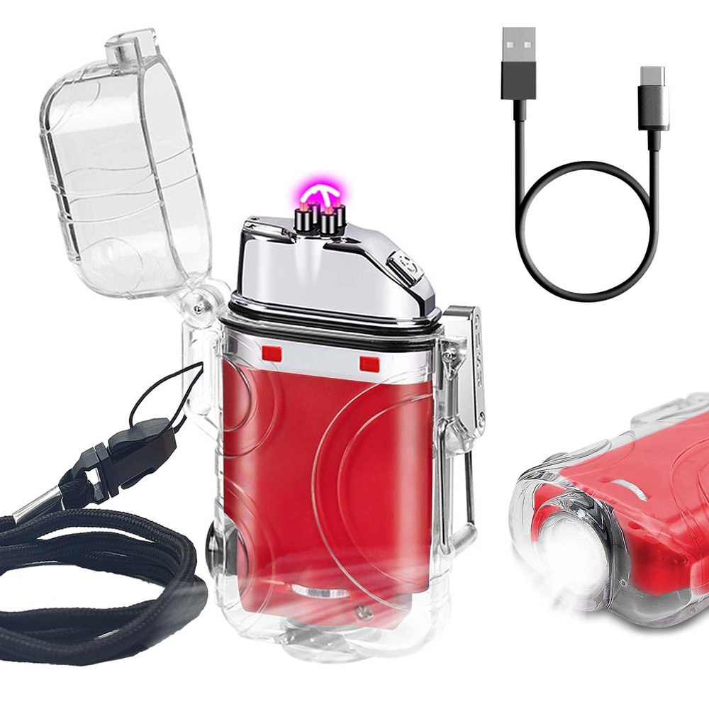 SKRFIRE Arc Plasma Electric Lighter USB Rechargeable Windproof Lighter Cool Lighters Waterproof with LED Flashlight and Whistle for Camping Travel Exploration Survival(ClearRed)