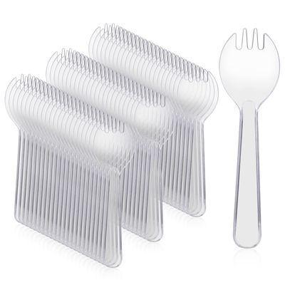 100PCS Plastic Sporks Disposable Individually Wrapped Spoons Forks Small Spork Mini Spoons Clear Plastic Sporks Disposable Utensils for Desserts Cakes Ice Cream for Party, Wedding, Picnics, Buffet