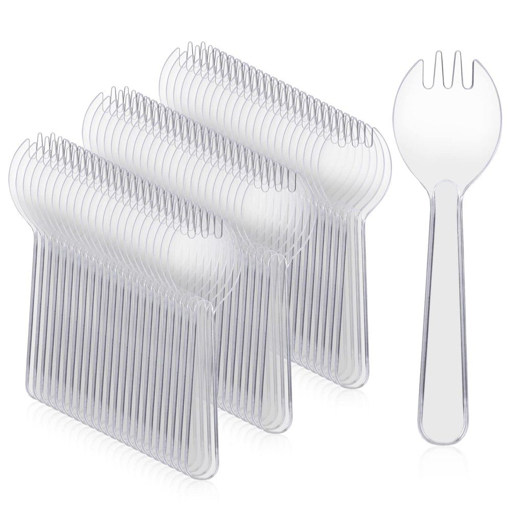 100PCS Plastic Sporks Disposable Individually Wrapped Spoons Forks Small Spork Mini Spoons Clear Plastic Sporks Disposable Utensils for Desserts Cakes Ice Cream for Party, Wedding, Picnics, Buffet