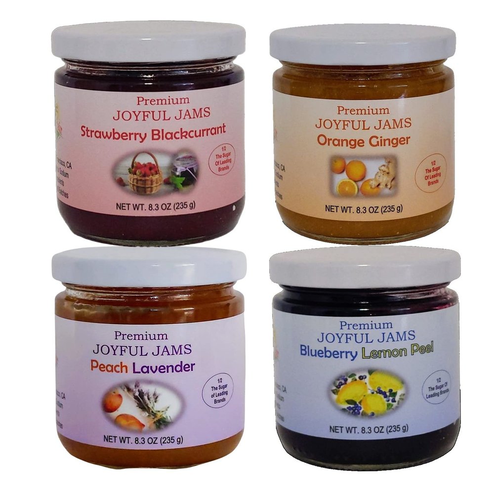 Gourmet Premium Jam Gift Box (4 Pack of Delicious Flavors) Strawberry-Black Currant, Blueberry-Lemon Peel, Orange-Ginger, Peach-Lavender, More Fruit Less Sugar, Great Gift!