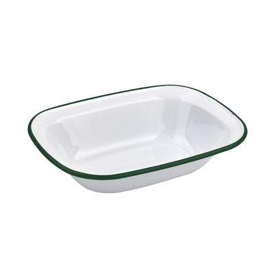 PacknWood 294ENBQ2619 37 oz & 10.2 x 7.5 x 2.2 in. Enamel Tray Dish White with Green Rim - 12 Piece