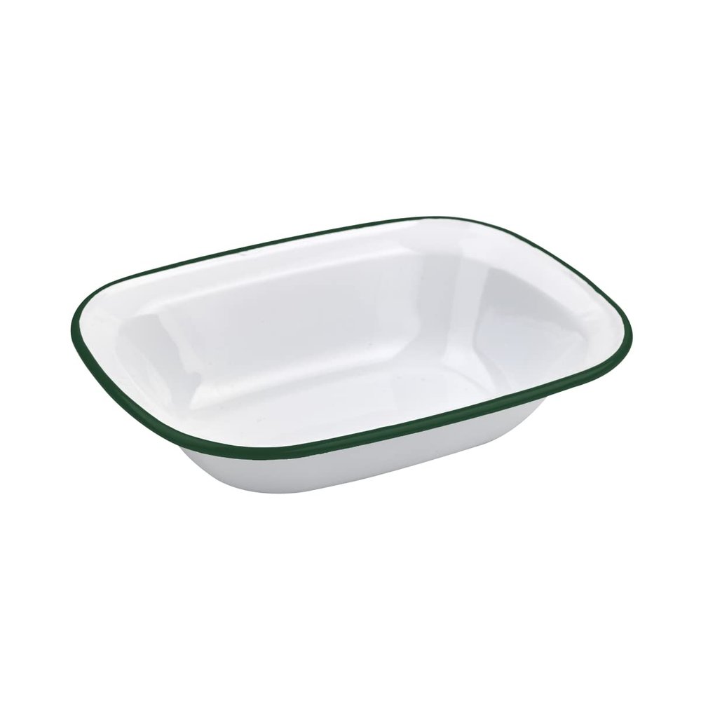 PacknWood 294ENBQ2619 37 oz & 10.2 x 7.5 x 2.2 in. Enamel Tray Dish White with Green Rim - 12 Piece