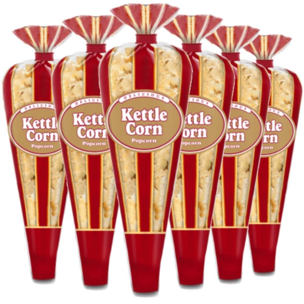 Gourmet Popcorn  Premium Pack of 6 Kettle Corn Mini Cones & Exclusive Inspirational Sticker! Small Storage Space Friendly & Great Stocking Stuffers! 5.4oz total.