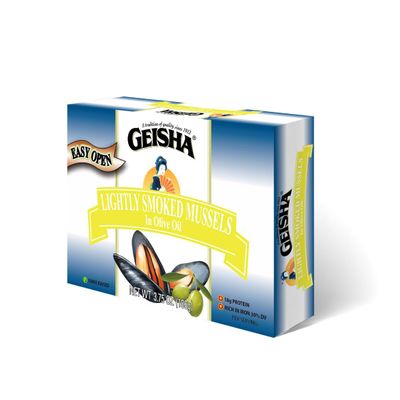 GEISHA Lightly Smoked Mussels in Olive Oil (Pack of 12), Chilean Mussels(Mytilus Chilensis)| Real Smoked - Zero Trans Fat - No Sugar Added  Farm Raised  Good Source of Iron  Gluten Free  Good Source of Protein
