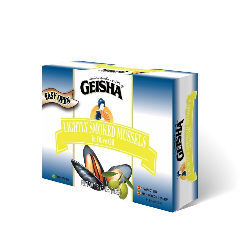 GEISHA Lightly Smoked Mussels in Olive Oil (Pack of 12), Chilean Mussels(Mytilus Chilensis)| Real Smoked - Zero Trans Fat - No Sugar Added  Farm Raised  Good Source of Iron  Gluten Free  Good Source of Protein