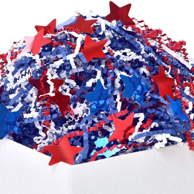 American Patriotic Red Blue Crinkle Cut Paper 1LB w/Star Confetti, Tissue Raffia Paper Filler Shred Strands for Gift Basket Boxes Craft Bedding, for President Election Independence Veterans Day