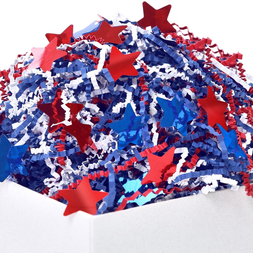 American Patriotic Red Blue Crinkle Cut Paper 1LB w/Star Confetti, Tissue Raffia Paper Filler Shred Strands for Gift Basket Boxes Craft Bedding, for President Election Independence Veterans Day