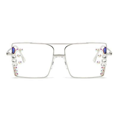 willochra Oversized square Reading Glasses Bling Rhinestone Magnified Blue Light Blocking Reader Glasses (silver, 0, multiplier_x)