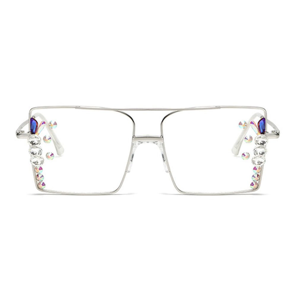 willochra Oversized square Reading Glasses Bling Rhinestone Magnified Blue Light Blocking Reader Glasses (silver, 0, multiplier_x)