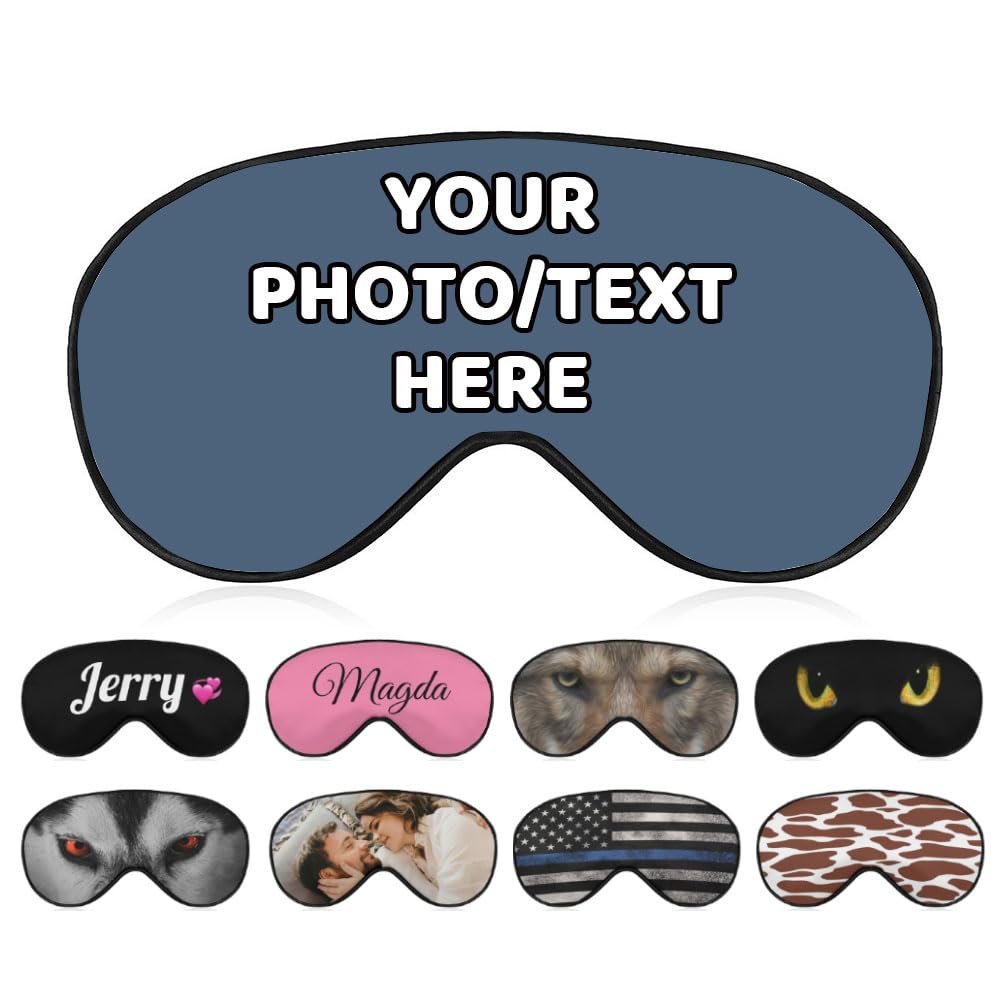 AMAPARK Customized Funny Sleep Mask Personalized with Photo Text Logo Sleeping Masks, Custom Gift for Her Him Men Women, Indigo Blue