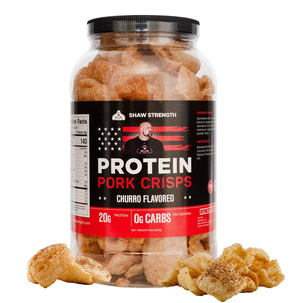 Ol' Uncle Porkers Shaw Strength Protein Pork Rinds (Churro, 8Oz) Developed for Worlds Strongest Man Brian Shaw, Keto-Friendly, High Protein, No Carb, All-Natural Crisps Fried in Coconut Oil