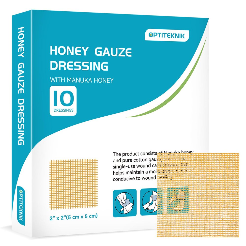 OPTITEKNIK Manuka Honey Gauze Dressing 2"x2" Pack of 10, Manuka Honey Wound Care Bandage for Cuts, Scalds and Burns, Wound Dressing Products