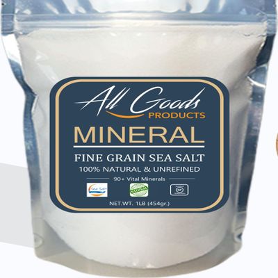 All Goods Sea Salt - Fine Grain, 16 oz, 100% Natural, Hand-Harvested, Rich in Essential Minerals, 30% Less Sodium, Kosher, Unrefined.