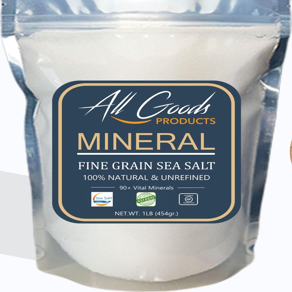 All Goods Sea Salt - Fine Grain, 16 oz, 100% Natural, Hand-Harvested, Rich in Essential Minerals, 30% Less Sodium, Kosher, Unrefined.