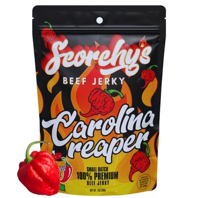 Scorchy's Jerky | Carolina Reaper Beef Jerky | Hand-Crafted | Spicy Protein Snack | Low Calorie and Low Fat | 85g | 1 pack