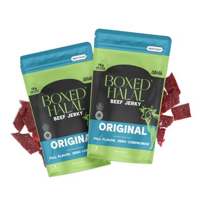 BOXED HALAL Premium 100% Grass-Fed Original Beef Jerky Strips, 13g Protein, , HFSAA Certified Halal, Keto Friendly Snack, 3 Oz. Bags (2 Pack)