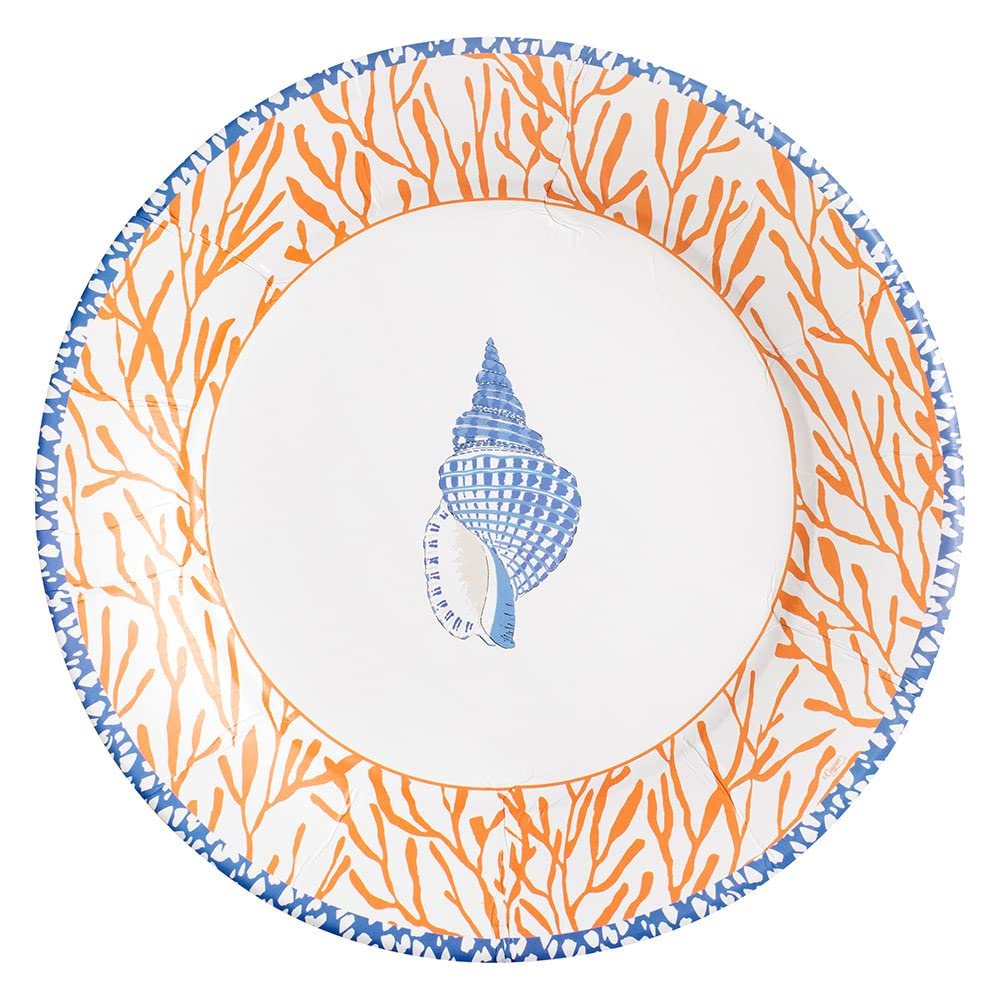 Caspari Shell Toile Dinner Plates in Coral & Blue - 16 Per Package