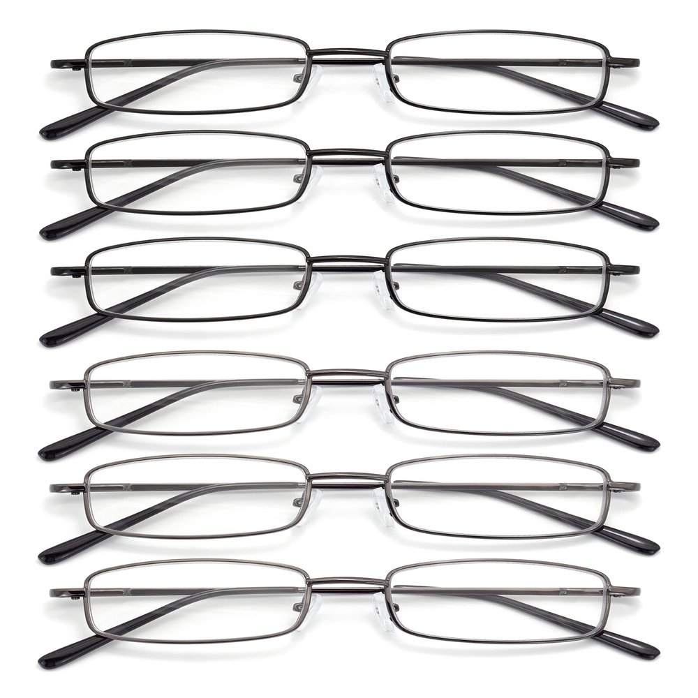 Autojouls 6-Pack Metal Reading Glasses Blue Light Blocking Spring Hinge Readers Lightweight Sturdy Comfortable, 3 Black 3 Gunmetal 2.0 x