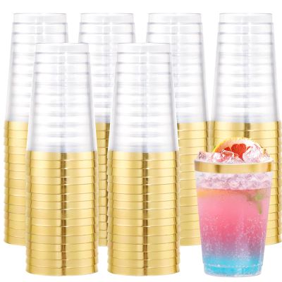 supernal 200pcs 12oz Gold Plastic Cups,Disposabe Cup For Party,Plastic Cocktail Glasses, Clear Tumblers with Gold,Wedding Cups Disposable