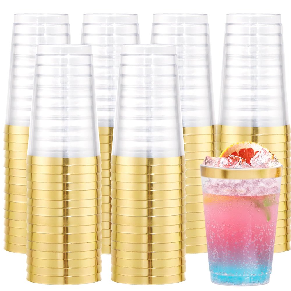 supernal 200pcs 12oz Gold Plastic Cups,Disposabe Cup For Party,Plastic Cocktail Glasses, Clear Tumblers with Gold,Wedding Cups Disposable