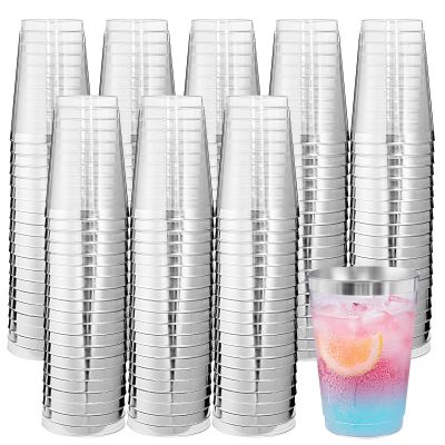 supernal 200pcs Silver Plastic Cups,12oz Clear Plastic Cups Tumblers,Silver Rimmed Cup,Elegant Party Cup,Premium Disposable Cup,Clear Party Cup,Wine Glasses for Party