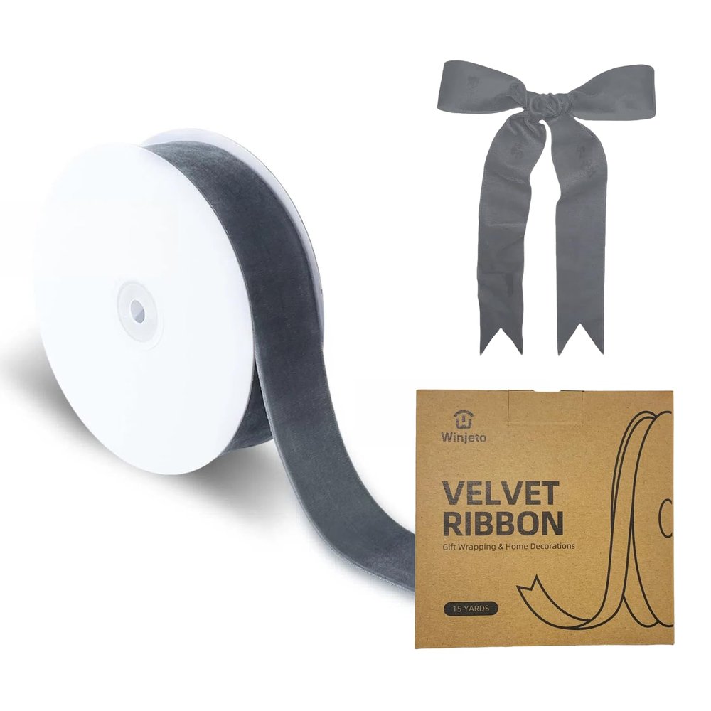 15 Yards Velvet Ribbon 1-1/2 Inch Single Face Grey Velvet Ribbon Spool Prefect for Wedding, Ribbons for Gift Wrapping, Christmas Tree Ornaments Wreath Hair Bows, Ribbons for Crafts
