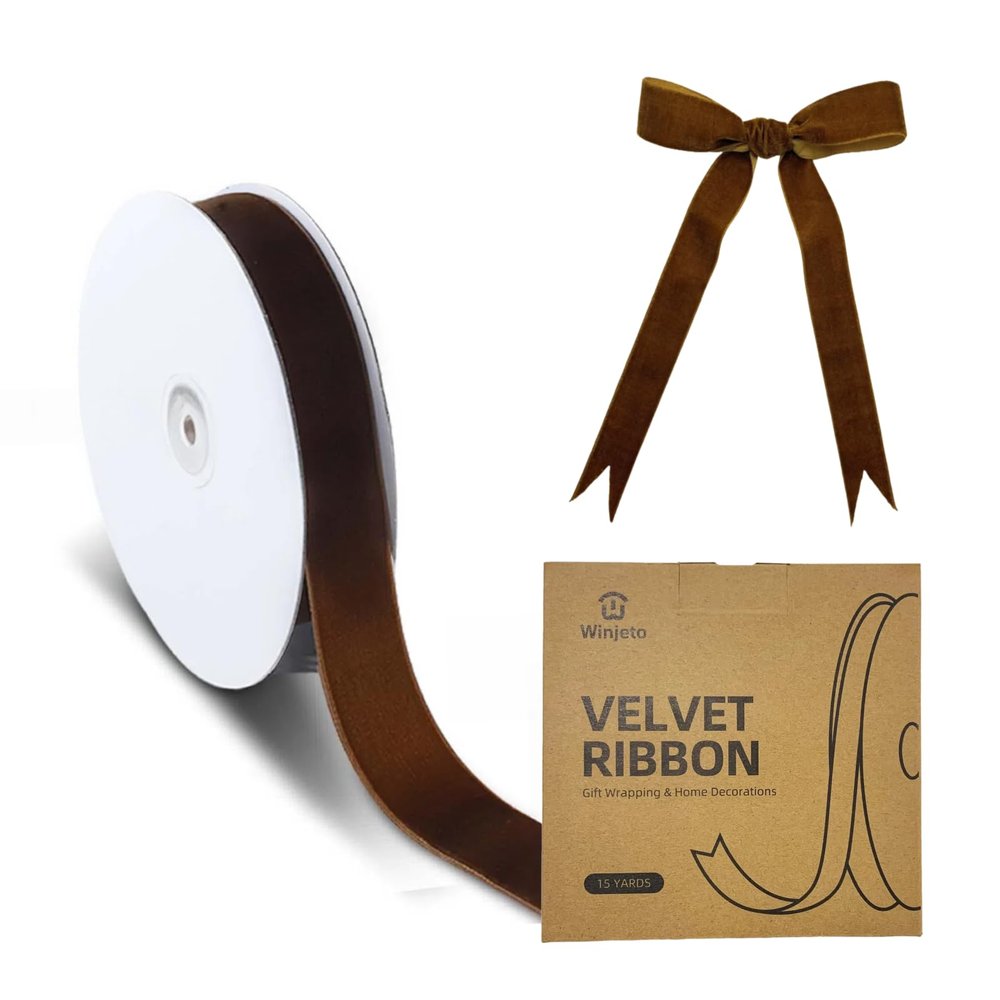 15 Yards Velvet Ribbon 1 Inch Single Face Brown Velvet Ribbon Spool Prefect for Wedding, Ribbons for Gift Wrapping, Vintage Christmas Decor Tree Ornaments Wreath Hair Bows, Ribbons for Crafts
