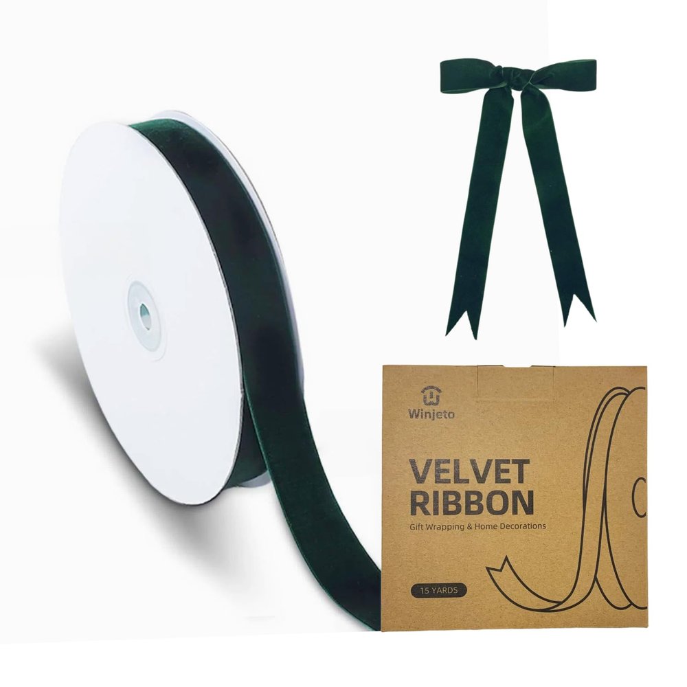 15 Yards Velvet Ribbon 1 Inch Single Face Green Velvet Ribbon Spool Prefect for Wedding, Ribbons for Gift Wrapping, Vintage Christmas Decor Tree Ornaments Wreath Hair Bows, Ribbons for Crafts