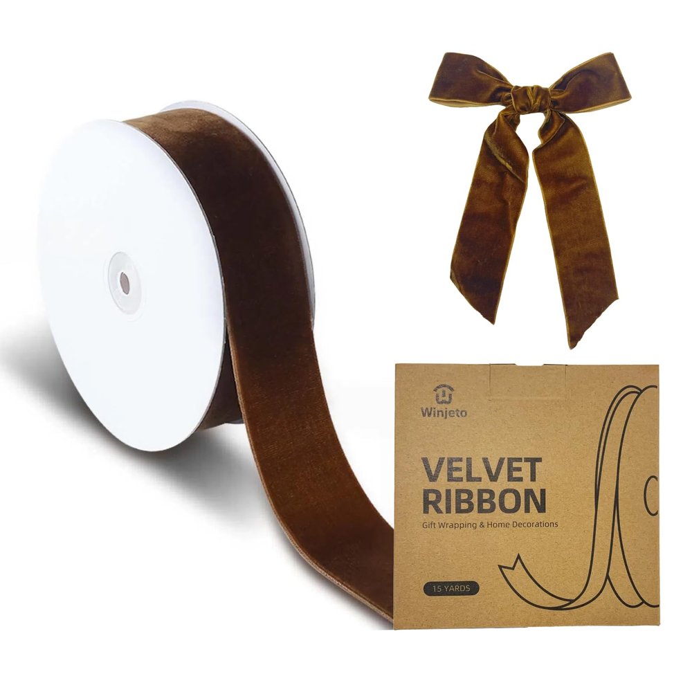 15 Yards Velvet Ribbon 1-1/2 Inch Single Face Brown Velvet Ribbon Spool Prefect for Wedding, Ribbons for Gift Wrapping, Christmas Tree Ornaments Wreath Hair Bows, Ribbons for Crafts