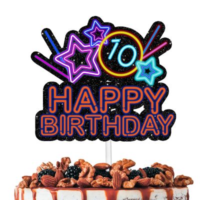 Colorful Glitter Star Happy Birthday 10 Cake Topper Lets Glow Crazy Party Theme Decoration Supplies Boys Girls Happy 10th Birthday Anniversary Party Decor Supplies