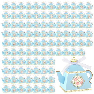 Jetec 100 Pcs Teapot Candy Box Floral Flower Tea Party Favor Gift Box Candy Boxes for Tea Garden Wedding Favors Bridal Showers Brunches Birthdays Decorations(Blue)