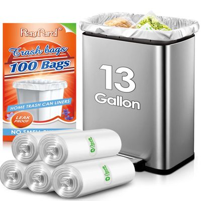 13 Gallon 100 Counts (fit 12-15 Gal) Strong Tall Kitchen Trash Bags Garbage Bags by RayPard, fit 50 Liter Waste Basket, Clear Trash Bags Can Liners for Home Office Bathroom Bedroom