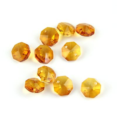 100pcs 14mm Crystal Chandelier Parts Glass Octagon Beads in 1 Hole/2 Holes DIY Strand Accessories Sucatchers Home Decoration,Amber,1 Hole-100pcs