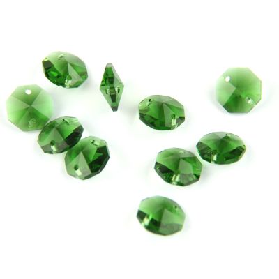100pcs 14mm Crystal Chandelier Parts Glass Octagon Beads in 1 Hole/2 Holes DIY Strand Accessories Sucatchers Home Decoration,Dark Green,2 Holes-100pcs