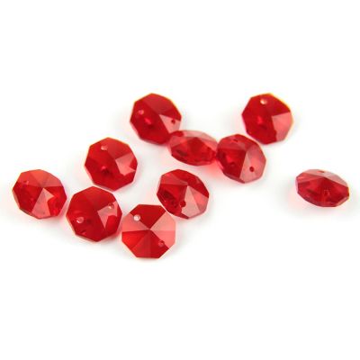 100pcs 14mm Crystal Chandelier Parts Glass Octagon Beads in 1 Hole/2 Holes DIY Strand Accessories Sucatchers Home Decoration,red,1 Hole-100pcs