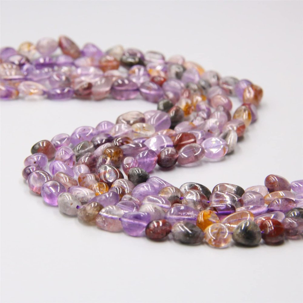 Natural Irregular Stone Beads Amethysts Pink Quartzs Crystals Bead Smooth Flat Oval Stone Beads for DIY Necklaces Bracelet,Phantom Quartz,6-8mm(About 24pcs)