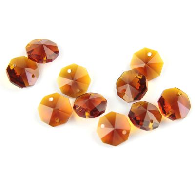 100pcs 14mm Crystal Chandelier Parts Glass Octagon Beads in 1 Hole/2 Holes DIY Strand Accessories Sucatchers Home Decoration,Tea,2 Holes-100pcs