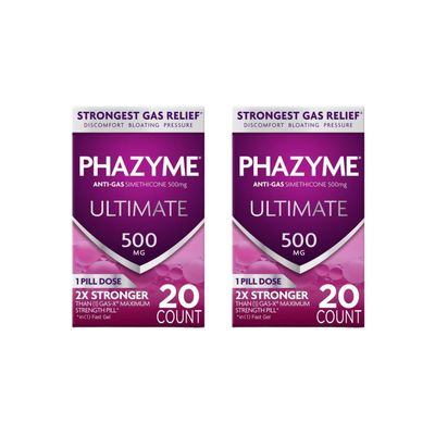 Phazyme Ultimate Gas Bloating Relief Works in Minutes 500 mg Simethicone Fast Gels 20 Count (Pack of 2)