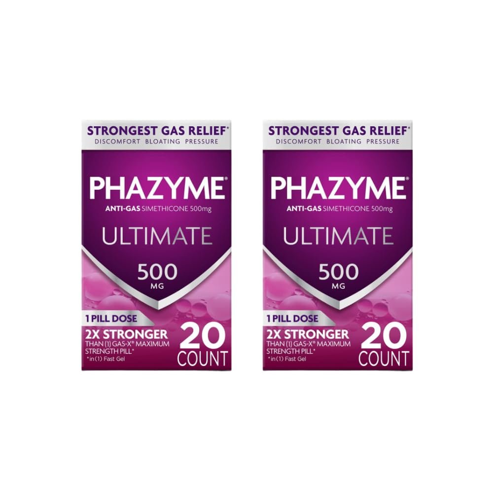 Phazyme Ultimate Gas Bloating Relief Works in Minutes 500 mg Simethicone Fast Gels 20 Count (Pack of 2)