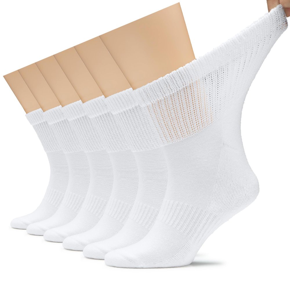 Hugh Ugoli Men's Cotton Diabetic Ankle Socks, Wide, Loose and Stretchy, Seamless Toe & Non Binding Top, Semi Cushion, 6 Pairs, White, Shoe Size: 8-11
