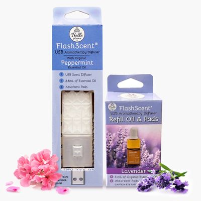 Belle Aroma FlashScent USB Aromatherapy Bundle - for Car, Office, Home, and Travel - Includes 1 Pearl White Rose Geranium Oil Diffuser Kit, 1 Lavender FlashScent Essential Oil, and 7 Refill Pads